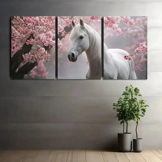 3pcs White Horse Under Cherry Blossom Tree Metal Print Ready to Hang Art