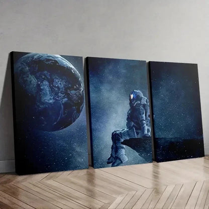 3pcs Astronaut Gazing at Earth Triptych   wall  Art Set Canvas Framed 60x90cm - High Quality Print 100% Australian Made Wall Canvas Ready to Hang