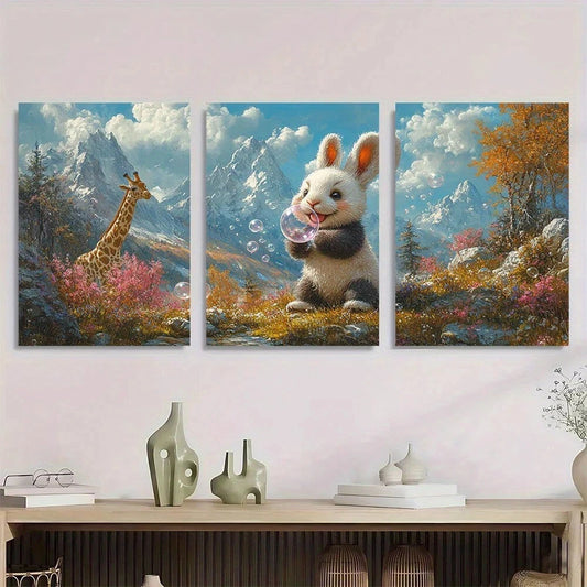 3pcs Pink Bubble Panda Rabbit Giraffe Metal Print Ready to Hang Art