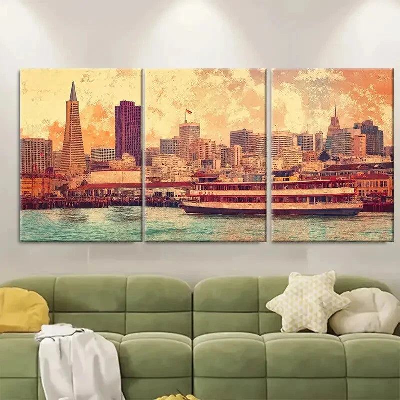 3pcs Vibrant Scenic Waterfront & Skyline View Metal Print Ready to Hang Art