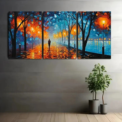 Three-panel painting of a person walking along a waterfront at night with colorful trees and streetlights.