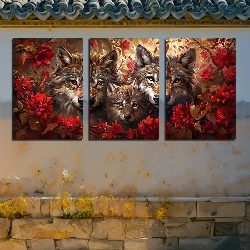3pcs Mother Wolf with Cubs, Red Floral Design Metal Print Ready to Hang Art