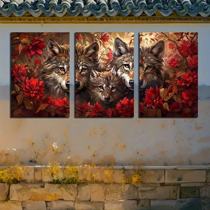 3pcs Mother Wolf with Cubs, Red Floral Design Metal Print Ready to Hang Art
