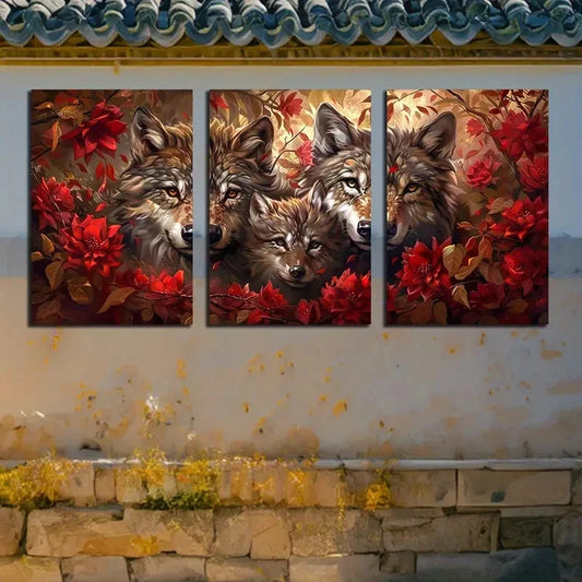 3pcs Mother Wolf with Cubs, Red Floral Design Metal Print Ready to Hang Art