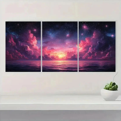 3pcs Starry Sky Cosmic Clouds & Ocean Waves Metal Print Ready to Hang Art