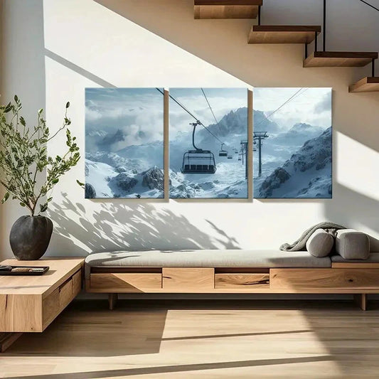 3pcs Alpine Ski Lift Snowy Mountains Landscape Metal Print Ready to Hang Art