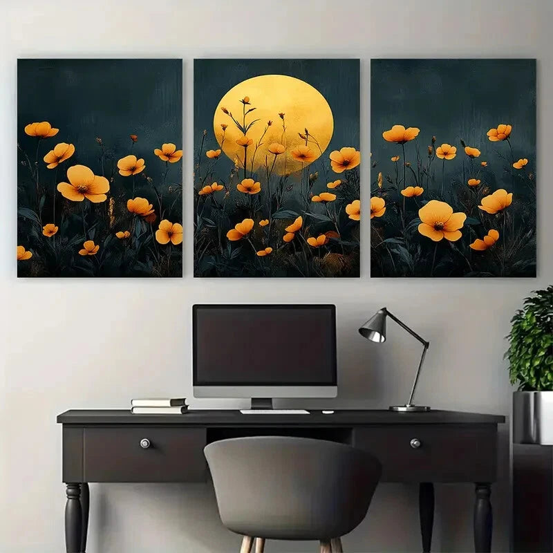 3pcs Floral with Golden Circle Dark Design Metal Print Ready to Hang Art