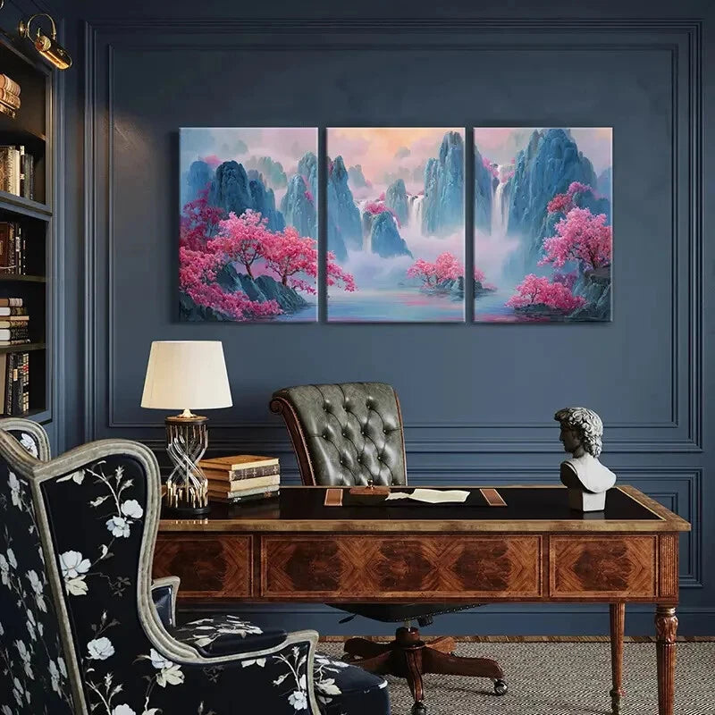 3pcs Artistic Landscape Painting Pink Blossoms Metal Print Ready to Hang Art