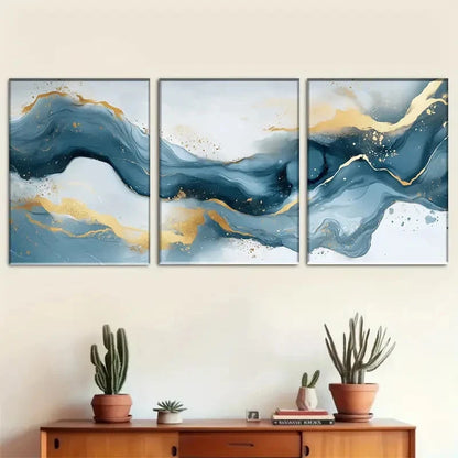 3pcs Abstract Blue-Golden Wave Flowing Design Metal Print Ready to Hang Art