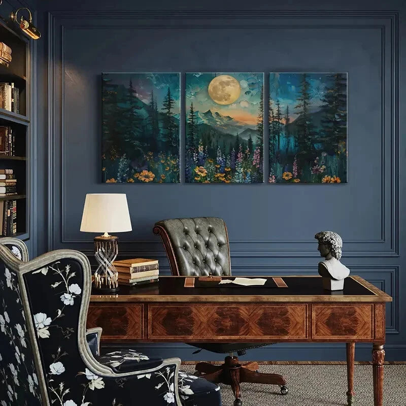 3pcs Moonlit Forest Landscape Floral Meadow Metal Print Ready to Hang Art