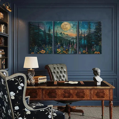 3pcs Moonlit Forest Landscape Floral Meadow Metal Print Ready to Hang Art
