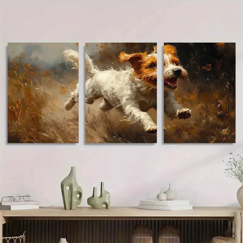 3pcs Playful Dog Grass Vibrant Nature Scene Metal Print Ready to Hang Art