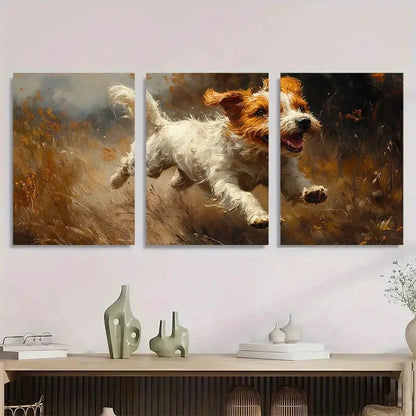 3pcs Playful Dog Grass Vibrant Nature Scene Metal Print Ready to Hang Art