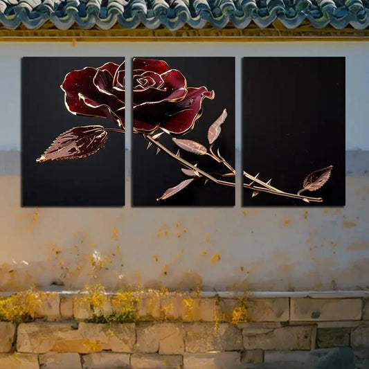 3pcs Modern Red and Golden Rose Illustration Metal Print Ready to Hang Art