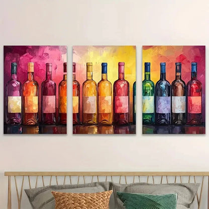 3pcs Vibrant Wine Bottle Colorful Abstract Design Metal Print Ready to Hang Art