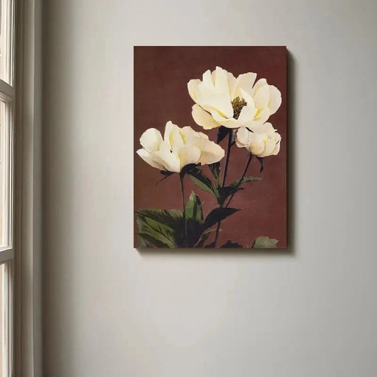 Painting of white flowers on a brown background hanging on a wall.