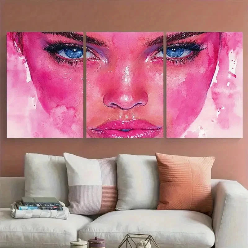 3pcs Pink Abstract Woman Face Watercolor Fashion Metal Print Ready to Hang Art
