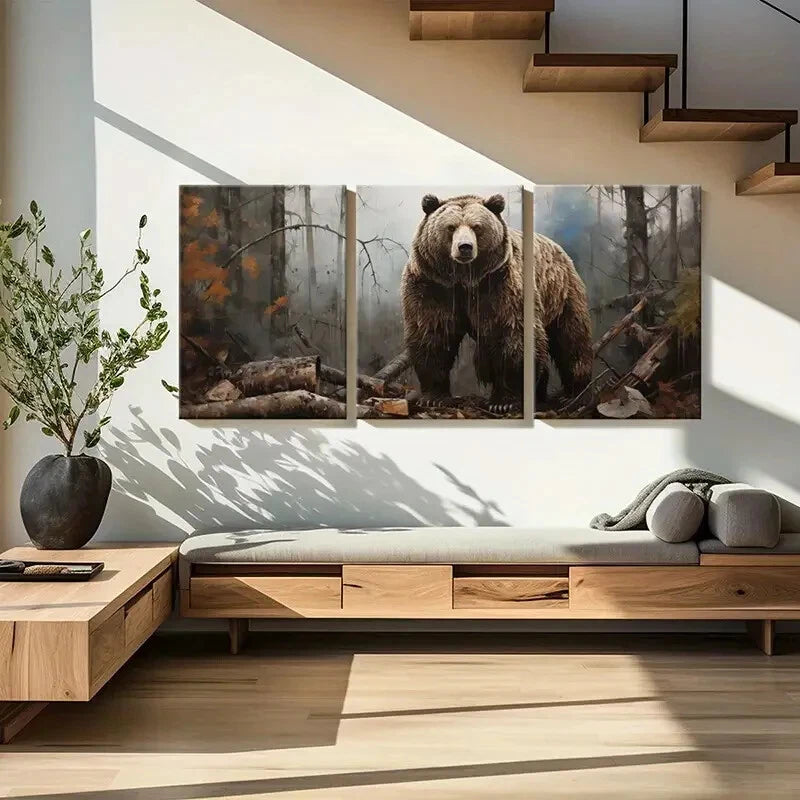 3pcs Artistic Bear Forest Scene Wildlife Decor Metal Print Ready to Hang Art