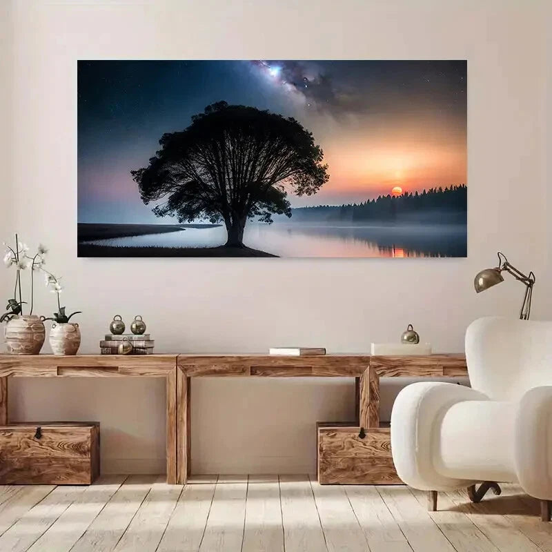 Full Moon & Tree Lake Sky wall canvas office home room framed 120x60cm - Bella Home Decor