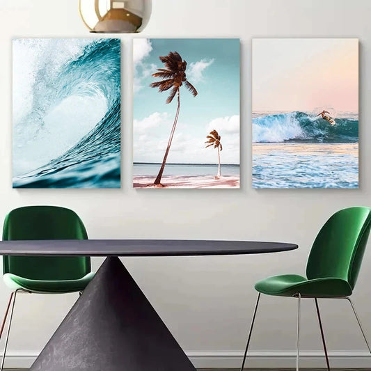 3pcs Coconut Trees Beach Waves Metal Print Ready to Hang Art