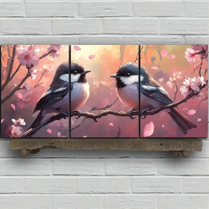 3pcs Birds On Branches Amidst Flowers Metal Print Ready to Hang Art