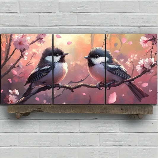 3pcs Birds On Branches Amidst Flowers Metal Print Ready to Hang Art