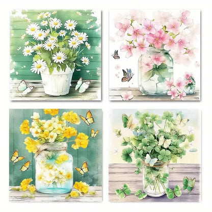 4pcs Daisies, Pink Flowers & Clover Wall Art Canvas Framed