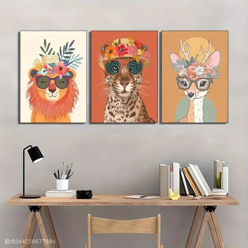 3pcs Lion Leopard Deer with Floral & Glasses Metal Print Ready to Hang Art