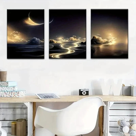 3pcs Featuring Golden Rivers And Starry Skies Wall Art Set Canvas Framed 40x60cm - High Quality Print 100% Australian Made Wall Canvas Ready to Hang