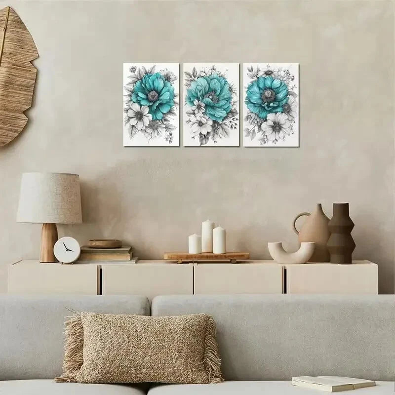 3pcs Blue & White Daisies with Green Leaves Metal Print Ready to Hang Art