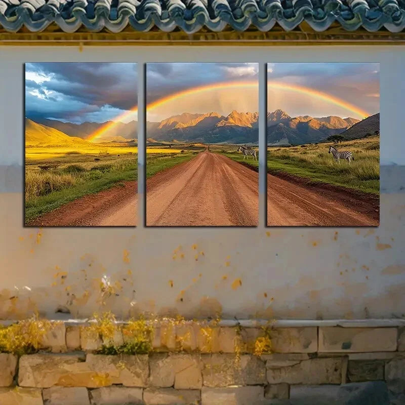 3pcs Zebra Under Sunset Rainbow, Vibrant Nature Metal Print Ready to Hang Art
