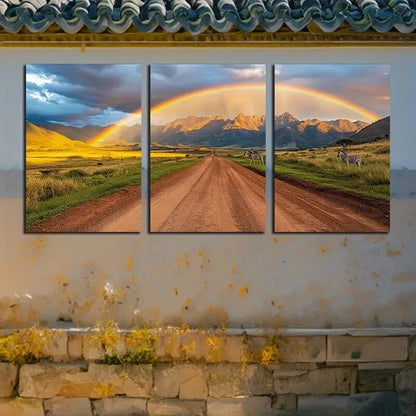 3pcs Zebra Under Sunset Rainbow, Vibrant Nature Metal Print Ready to Hang Art