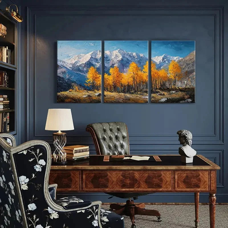 3pcs Autumn Forest Landscape Snowy Mountains Metal Print Ready to Hang Art