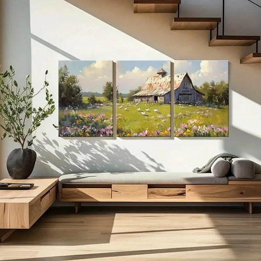3pcs Vintage Farmhouse Scene with Wildflowers Metal Print Ready to Hang Art