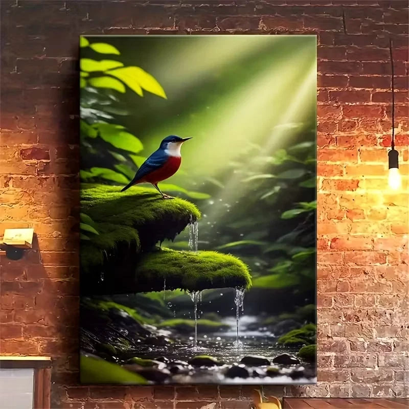 Blue & Red Bird, Waterfall & Mossy Rocks 60x90cm Metal Print Ready to Hang