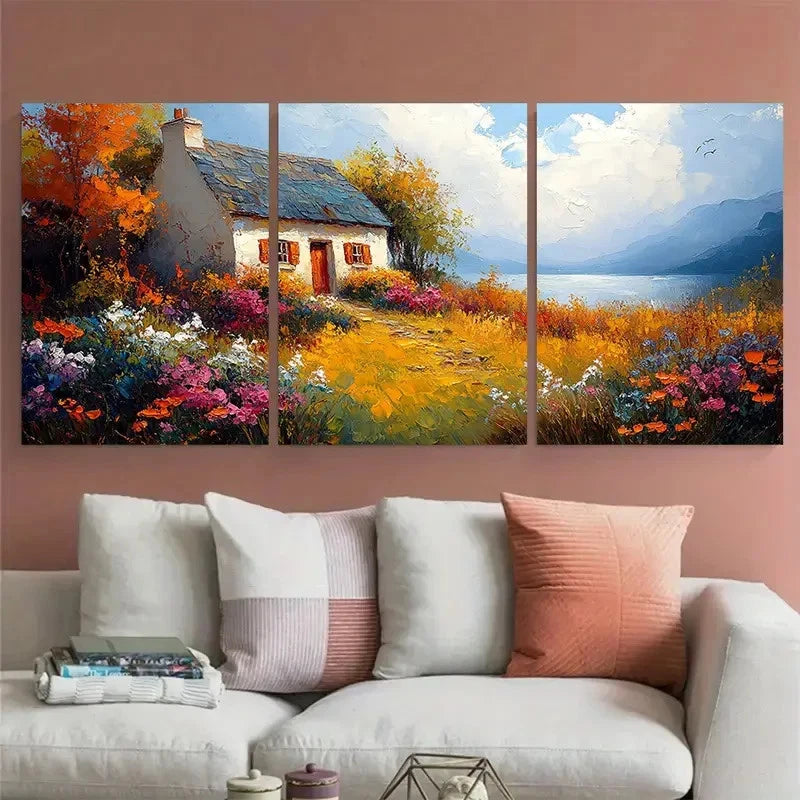 3pcs Vibrant Countryside Irish Cottage Landscape Metal Print Ready to Hang Art