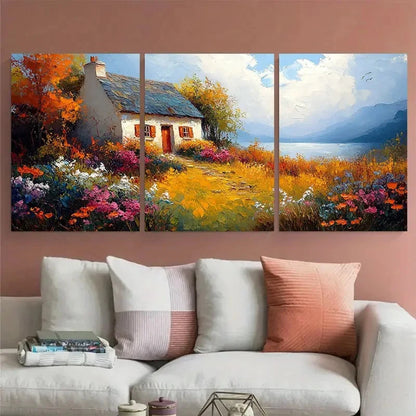 3pcs Vibrant Countryside Irish Cottage Landscape Metal Print Ready to Hang Art
