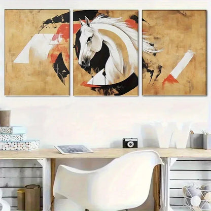 3pcs Abstract Horse Golden Accents and Black Metal Print Ready to Hang Art