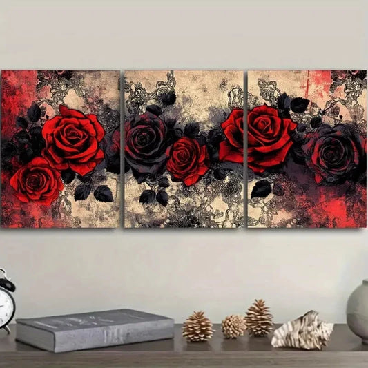 3pcs Dark Floral Design with Black Accents Metal Print Ready to Hang Art