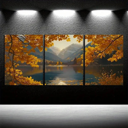 3pcs Vibrant Beautiful Autumn with Lake View Metal Print Ready to Hang Art