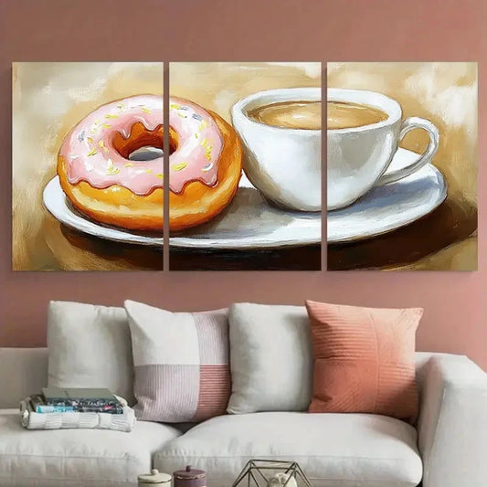 3pcs Coffee and Donut Painting Breakfast Wall Art Set Canvas Framed 50x70cm - High Quality Print 100% Australian Made Wall Canvas Ready to Hang