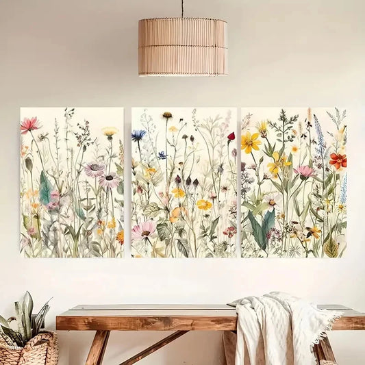 3pcs Watercolor Wildflowers Leaves Plants Painting Metal Print Ready to Hang Art