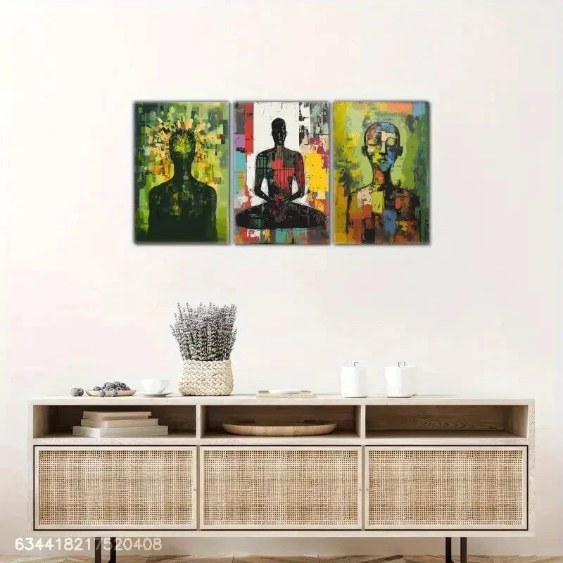 3pcs Vibrant Abstract Meditation Figures Metal Print Ready to Hang Art