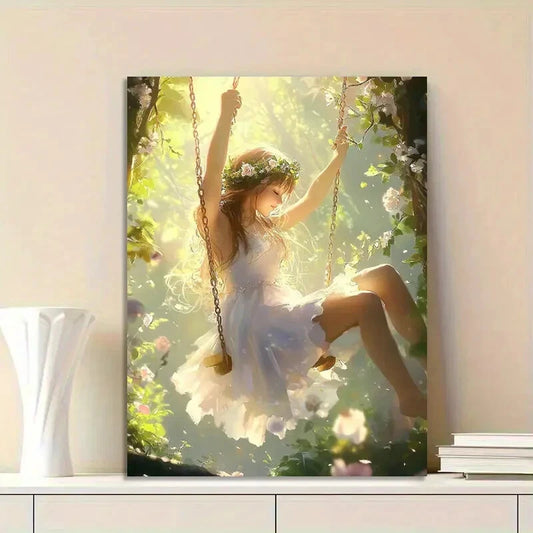Elegant Girl in White Dress Garden Swing  40x60cm Metal Print Ready to Hang