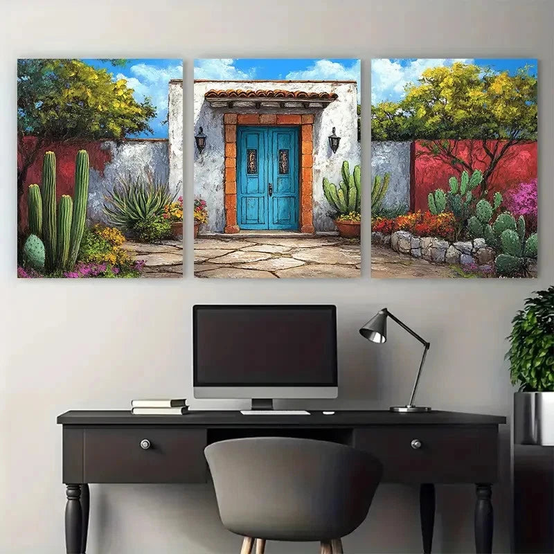 3pcs Colorful Mexican House Courtyard Design Metal Print Ready to Hang Art