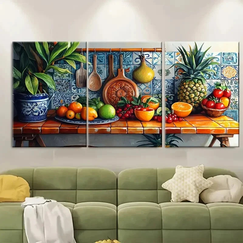 3pcs Vibrant Ceramic Tiles & Tropical Fruits Metal Print Ready to Hang Art