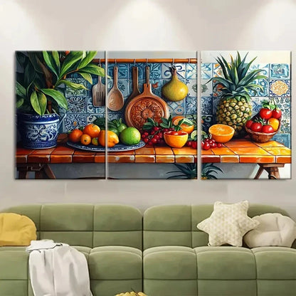 3pcs Vibrant Ceramic Tiles & Tropical Fruits Metal Print Ready to Hang Art