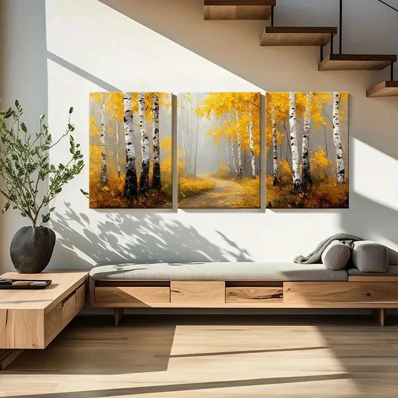 3pcs Autumn Birch Forest Pathway Warm Yellow Metal Print Ready to Hang Art