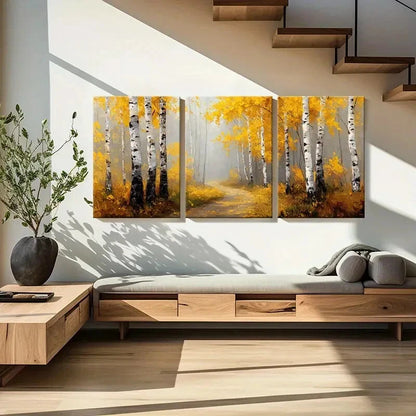 3pcs Autumn Birch Forest Pathway Warm Yellow Metal Print Ready to Hang Art