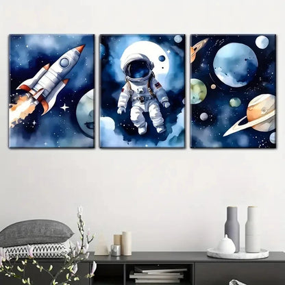 3pcs Cartoon Astronauts and Outer Space Painting Metal Print Ready to Hang Art
